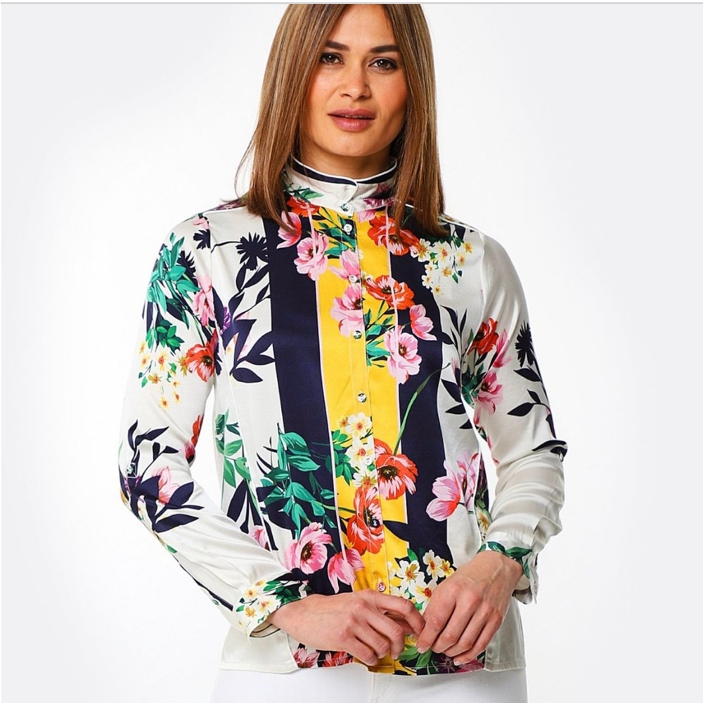 Johnny Was Andrea Silk Floral Colorblock Button Down Blouse - XS